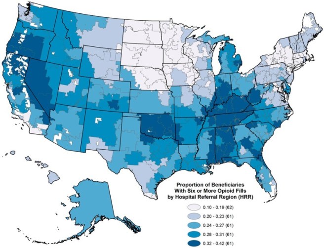 Proportion of the disabled Medicare beneficiaries under the age of 65 filling 6 or more opioid prescriptions by Hospital Referral Region. There are large regional variations. Credit: Image courtesy of Wolters Kluwer Health: Lippincott Williams and Wilkins