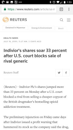Invidor's shares soar 32% after US court blocks sale of rival generic (buprenorphine)